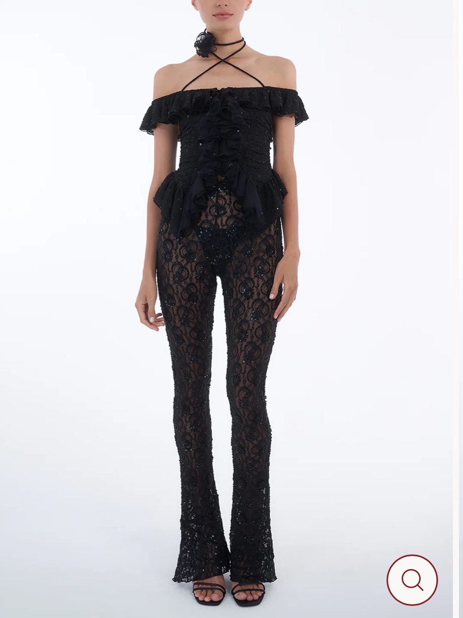 Dyspnea Orne Beaded Sequin Lace Flare Pants